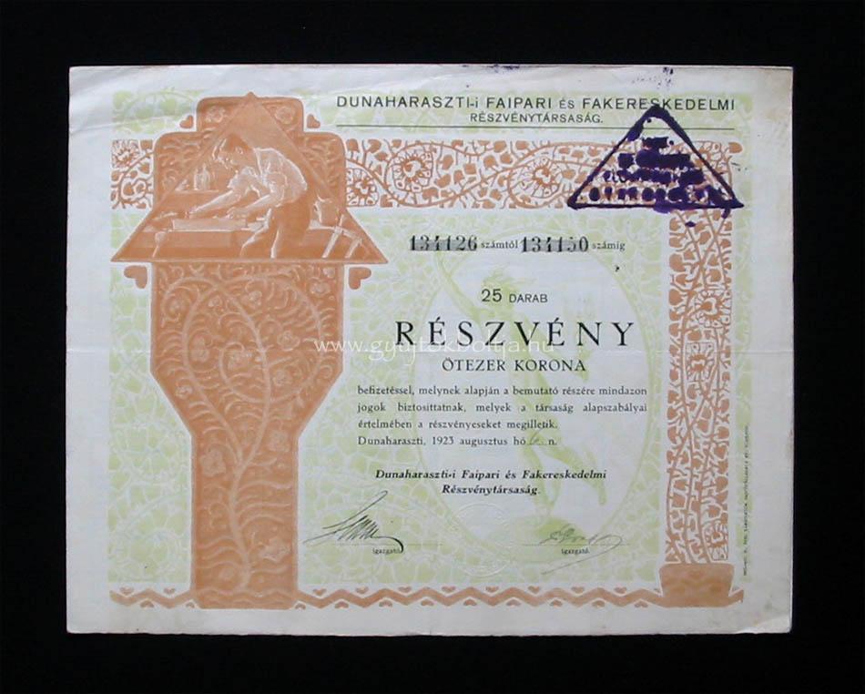 Dunaharaszti Faipari és Fakereskedelmi részvény 5000 korona 1923
